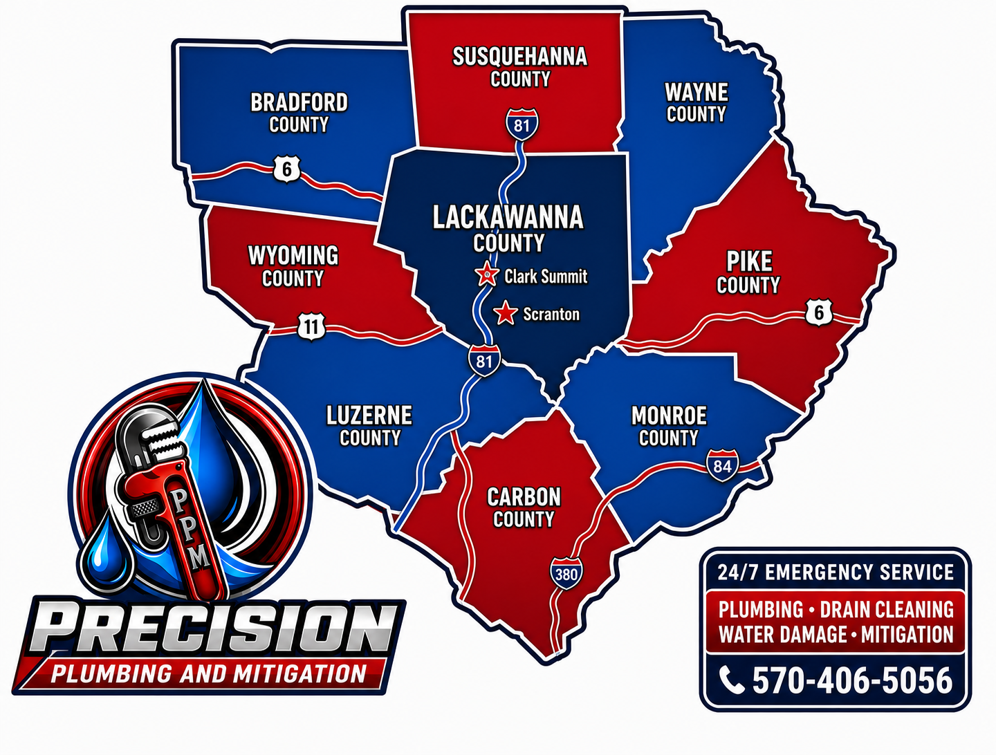 Precision Plumbing and Mitigation service area map — Lackawanna County and surrounding NEPA counties